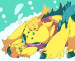  blue_eyes cuddle cuddling cute galvantula joltik lying no_humans pixiv pokemon simple_background spider 