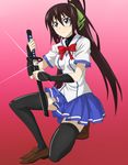  blue_eyes braces brown_hair crossover hattori_junko hikasa_youko ichiban_ushiro_no_daimaou infinite_stratos katana ponytail ribbon school_uniform seiyuu_connection seiyuu_joke shinonono_houki sword thighhighs weapon 