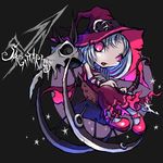  1girl animal_ears animal_skull arrow belt bow_(weapon) english hat personification purple_eyes sagittarius sitting skull star stars ume_(illegal_artist) ume_(illegal_bible) weapon white_hair witch_hat wooden_horse zodiac 