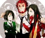  beard black_hair cigar dual_persona facial_hair fate/zero fate_(series) food green_eyes long_hair lord_el-melloi_ii male_focus moemoe3345 multiple_boys necktie older pocky red_hair rider_(fate/zero) spoilers time_paradox waver_velvet 