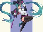  adapted_costume adjusting_clothes adjusting_hat aqua_eyes aqua_hair black_legwear breasts cane dress_shirt fkey gloves hat hatsune_miku high_heels jacket light_smile long_hair magician magician_(module) medium_breasts miracle_paint_(vocaloid) project_diva project_diva_(series) shirt shoes shorts solo thighhighs top_hat twintails vocaloid white_gloves 