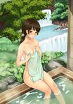  blue_door blush brown_eyes brown_hair hands long_hair nude original ponytail sitting soaking_feet solo towel tree water waterfall 