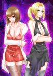  anna_williams blonde_hair blue_eyes breast_hold breast_rest breasts brown_hair cleavage collarbone crossed_arms dress formal fur_coat green_eyes kiraki large_breasts legs multiple_girls nina_williams one_eye_closed ponytail short_hair siblings sisters tekken thighhighs thighs zettai_ryouiki 