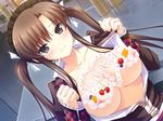  ayatsuki_meika black_eyes blush breasts cherry dutch_angle food fruit heart icing light_smile long_hair long_sleeves looking_at_viewer medium_breasts nipples open_clothes open_shirt shirahane_nao shirt solo sucre twintails 