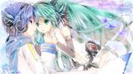  1girl blue_eyes blue_hair blue_scarf center_opening green_eyes green_hair hachimitsu_(127032) hatsune_miku hatsune_miku_(append) headphones highres kaito long_hair magnet_(vocaloid) necktie scarf twintails very_long_hair vocaloid vocaloid_append 