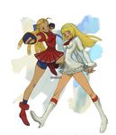  2girls ahoge bike_shorts blonde_hair blue_eyes boots brown_eyes capcom crossover dress emilie_de_rochefort fighting_stance fingerless_gloves freckles gloves hair_slicked_back hands_clasped high_heels kanzuki_karin knee_boots lili_(tekken) long_hair long_legs minidress multiple_girls ringlets school_uniform seeso2d serafuku shoes short_dress shorts_under_skirt skirt street_fighter street_fighter_zero street_fighter_zero_3 street_fighter_zero_iii tekken white_dress white_skirt 