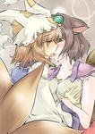  animal_ears blonde_hair blush breast_grab breasts brown_eyes brown_hair chen fox_ears fox_tail futatsuiwa_mamizou grabbing hat kiss leaf leaf_on_head medium_breasts multiple_girls multiple_tails raccoon_ears raccoon_tail sesield short_hair tail touhou yakumo_ran yuri 