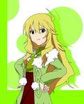  :t ahoge angry blonde_hair coat fur_collar green_eyes hands_on_hips highres hoshii_miki idolmaster idolmaster_(classic) jacket jewelry long_hair necklace pout shotarou solo 
