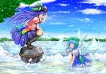  barefoot blouse blue_dress blue_hair boots bow cirno closed_eyes cloud day dress food fruit grin hair_bow hair_ribbon hand_on_headwear hand_on_own_knee hat highres hill hinanawi_tenshi ice ice_wings keystone lake leaf long_hair multiple_girls no_panties o_o open_mouth outdoors peach ribbon rope shimenawa short_hair sitting skirt sky smile squatting touhou tree wakagashira wariza water wings 
