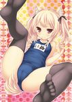  animal_ears black_legwear blonde_hair brown_eyes cameltoe dog_ears dog_tail feet leg_up name_tag one-piece_swimsuit original red_eyes ryo school_swimsuit seductive_smile short_hair smile solo spread_legs swimsuit tail thighhighs toes twintails 