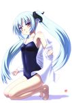  barefoot blue_hair cherumen dress_shirt fumotono_mikoto highres kneeling legend_seven long_hair one-piece_swimsuit pointy_ears school_swimsuit shirt solo swimsuit twintails yellow_eyes 
