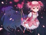  bow bow_(weapon) bubble_skirt different_shadow flower hair_bow kaname_madoka long_hair magical_girl mahou_shoujo_madoka_magica petals pink_flower pink_hair pink_rose red_eyes rose rose_petals shadow sheep_sleep short_hair short_twintails skirt smile solo spoilers twintails two_side_up ultimate_madoka weapon 