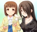  bad_id bad_pixiv_id black_hair brown_eyes brown_hair frills hair_over_one_eye long_hair multiple_girls short_hair siblings sisters takanashi_izumi takanashi_nazuna totokichi urinal_bottle working!! 