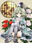  bad_id bad_pixiv_id blush breasts cleavage dress dressing flower green_dress green_eyes green_hair hat highres medium_breasts mouth_hold nanase_nao open_door pantyhose petals ribbon ribbon_in_mouth round_window sitting soga_no_tojiko solo touhou window 
