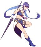  blue_footwear boots elf gloves judith lance legs long_legs midriff pointy_ears polearm purple_eyes purple_hair smile solo suguru_(godai_fifth) tales_of_(series) tales_of_vesperia thighs weapon 