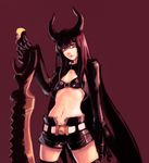  bikini_top black_gold_saw black_hair black_rock_shooter cropped_jacket horns huge_weapon king_saw long_hair midriff navel red_eyes shorts simple_background solo sword thighhighs unzipped wat-kun weapon 