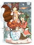  alcohol animal_ears bad_id bad_pixiv_id blush boots bottle brown_eyes brown_hair closed_eyes dress embellished_costume english fang futatsuiwa_mamizou glasses gloves green_hair hand_on_head highres itomugi-kun jacket kasodani_kyouko leaf leaf_on_head mittens multiple_girls notepad open_mouth pince-nez pot raccoon_ears raccoon_tail sake scarf short_hair skirt smile snow squatting tail touhou trembling wild_and_horned_hermit winter_clothes 