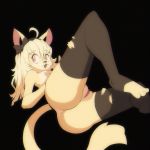  2018 3_toes ahoge big_breasts black_background bow breasts butt cat cat_tail clothing collar convenient_censorship fangs feline female fur hair headwear legwear long_hair looking_away lying mammal mitzi_(seyferwolf) mostly_nude on_side open_mouth pussy side_boob simple_background solo spreading stockings toeless_legwear toes torn_clothing wildblur yellow_fur 