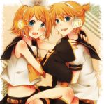  1girl blonde_hair blue_eyes brother_and_sister chizu_(fiute) hair_ornament hair_ribbon hairclip headphones headset kagamine_len kagamine_rin open_mouth ribbon short_hair siblings smile twins vocaloid 