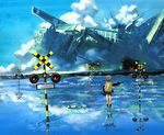  bad_id bad_pixiv_id battleship blue cloud day from_behind green_hair gun house machine military military_vehicle mm_(yellowish) original pullover railroad_crossing reflection scenery school_uniform science_fiction ship skirt socks solo warship water watercraft weapon 