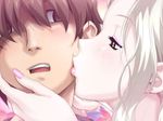  brown_hair freckles gray_hair grey_hair hand_on_another's_face happoubi_jin kiss nail_polish pale_skin pink_nails resort_boin shinjou_kanae white_skin yellow_eyes 