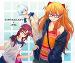  ayanami_rei bespectacled blonde_hair blue_eyes blue_hair boyaking casual glasses long_hair makinami_mari_illustrious multiple_girls neon_genesis_evangelion rebuild_of_evangelion red_eyes red_hair short_hair smile souryuu_asuka_langley 