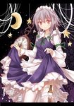  blush bow braid card crescent dress dress_lift efe garter_straps izayoi_sakuya knife letterboxed maid maid_headdress md5_mismatch mobile playing_card pocket_watch red_eyes ribbon short_hair silver_hair skirt smile solo star touhou twin_braids watch 