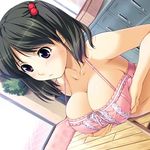  artist_request black_hair bra breasts character_request cleavage cropped_image hentai purple_eyes sweat underwear 