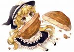  apron bad_id bad_pixiv_id blonde_hair bobby_socks chibi cookie dress eating fang food from_above full_body hat hat_ribbon holding kirisame_marisa kyouda_suzuka lace long_hair minigirl ribbon shoes sitting socks solo touhou waist_apron white_background white_legwear witch_hat yellow_eyes 