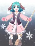  ahoge animal_ears bamboo_broom boots broom dress fang green_eyes green_hair kairakuen_umenoka kasodani_kyouko mittens open_mouth pom_pom_(clothes) short_hair snow snowflakes solo touhou vest wild_and_horned_hermit winter_clothes 