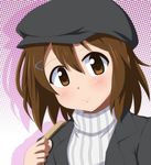  alternate_costume brown_eyes brown_hair hair_ornament hairclip hat hirasawa_yui jun_(aoerm) k-on! solo striped 