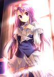  hair_ornament hair_ribbon hairclip hand_on_own_chest highres kuwashima_rein long_hair purple_eyes purple_hair ribbon rune_factory rune_factory_3 sofia_jalapeno_viviage solo window 