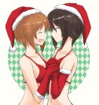  10s 2girls bra breasts brown_eyes brown_hair christmas closed_mouth collarbone eyes_closed girls_und_panzer gloves hair_between_eyes hand_holding hat incest looking_at_another multiple_girls mutsu_(layergreen) nishizumi_maho nishizumi_miho open_mouth red_bra red_gloves santa_hat siblings sideboob simple_background sisters smile underwear yuri 