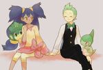  couple dark_skin dent_(pokemon) green_eyes green_hair hand_holding holding_hands iris_(pokemon) long_hair pokemon pokemon_(anime) pokemon_(game) pokemon_black_and_white pokemon_bw 