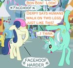  blue_hair bonbon_(mlp) colgate_(mlp) cutie_mark dialog equine facehoof facepalm female feral friendship_is_magic green_hair hair hooves horn horse long_hair lyra_(mlp) lyra_heartstrings_(mlp) mammal my_little_pony outside pink_hair pony short_hair text unicorn walking yellow_eyes 