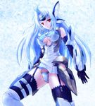  android black_legwear blue_hair breasts cameltoe gloves kos-mos kos-mos_ver._4 lace lace-trimmed_thighhighs large_breasts leg_up legs long_hair panties red_eyes ryu-akt solo thighhighs thighs underboob underwear white_legwear white_panties xenosaga xenosaga_episode_iii 