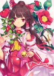  ascot bell bow brown_hair detached_sleeves flower hair_bow hair_tubes hakurei_reimu mikan_(bananoha) ponytail red_eyes shirt skirt skirt_set solo touhou twig 