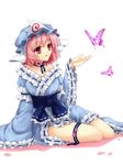  bug butterfly choker fuku_arashi hat insect pink_hair ribbon_choker saigyouji_yuyuko short_hair sitting solo thigh_strap touhou triangular_headpiece 