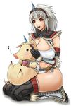  animal ass breasts capcom erect_nipples horn kirin_(armor) kneeling large_breasts monster_hunter monster_hunter_frontier nipples open_mouth pig poogie red_eyes silver_hair simple_background sitting tail toguchi_masaya 