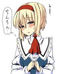  alice_margatroid ascot blonde_hair blue_eyes blush capelet dress hairband lace short_hair simple_background solo sweatdrop touhou translated upper_body uro white_background 