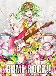  green_eyes green_hair guitar gumi highres instrument nou open_mouth short_hair skirt smile solo vocaloid wrist_cuffs 