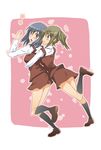  blue_eyes blue_hair blush green_eyes green_hair grin hair_ornament hairclip hidamari_sketch hug hug_from_behind kneehighs long_hair mami_(hidamari_sketch) mole multiple_girls nakayama_(hidamari_sketch) sakebuotoko school_uniform side_ponytail skirt smile 