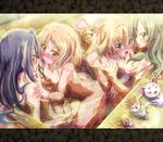  bathing bathtub bird blue_eyes blush breast_grab breasts brown_eyes brown_hair convenient_arm crescendo_tone eyelashes fairy_tone grabbing green_eyes hair_censor highres houjou_hibiki hummy_(suite_precure) inoshishi_(ikatomo) kurokawa_eren letterboxed long_hair medium_breasts minamino_kanade multiple_girls noise_(suite_precure) nude p-chan_(suite_precure) precure purple_hair seiren_(suite_precure) shirabe_ako small_breasts suite_precure water yuri 