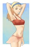  alternate_hairstyle antenna_hair armpits arms_up bad_id bad_pixiv_id bikini blonde_hair brown_eyes hair_down kanzuki_karin long_hair navel ogros pink_sarong sarong solo street_fighter street_fighter_zero_(series) swimsuit translucent_sarong 