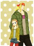  1girl age_difference alex_(street_fighter) bad_id bad_pixiv_id blonde_hair blue_eyes casual frogcage headband height_difference jacket long_hair orange_hair pantyhose patricia_(street_fighter) polka_dot polka_dot_background ponytail red_legwear shorts sidelocks street_fighter street_fighter_iii_(series) 