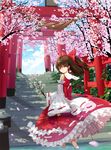  bare_shoulders bow branch brown_eyes brown_hair cherry_blossoms detached_sleeves dinyc frilled_skirt frills gathers gohei hair_bow hair_tubes hakurei_reimu long_skirt looking_back multiple_torii petals skirt smile solo stairs torii touhou wading water 