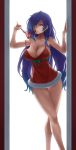  1girl absurdres bare_arms bare_legs breasts commentary crossed_legs dress earrings english_commentary eyes_visible_through_hair feet_out_of_frame fur-trimmed_dress hair_over_one_eye highres iris_heart jewelry jiffic kami_jigen_game_neptune_v large_breasts legs legs_crossed long_hair looking_at_viewer neptune_(series) panties panties_removed parted_lips power_symbol purple_hair red_dress red_eyes red_panties short_dress solo standing strap_slip symbol-shaped_pupils underwear very_long_hair watson_cross 