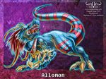  2010 allomon allosaurus blue claws digimon dinosaur headdress meghan_hupp native_american red red_eyes scalie stripes tail teeth tongue 
