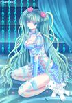  bad_id bad_pixiv_id blue breasts cleavage fishnets flower green_eyes green_hair hair_flower hair_ornament hatsune_miku head_tilt highres large_breasts long_hair lunatic_(phantasy) seiza sitting smile solo stuffed_animal stuffed_toy teddy_bear thighhighs twintails very_long_hair vocaloid 