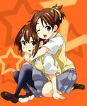  akira_(umihan) brown_eyes brown_hair hirasawa_ui hirasawa_yui hug hug_from_behind indian_style k-on! multiple_girls one_eye_closed pantyhose ponytail school_uniform short_hair siblings sisters sitting 